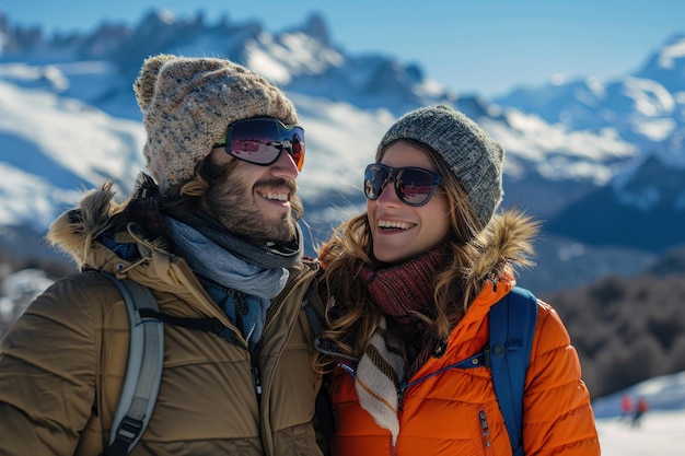 Young Couple Skiing in Snowy Andes in Bariloche