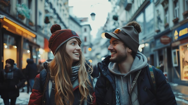 Young couple smiling at each other in the city