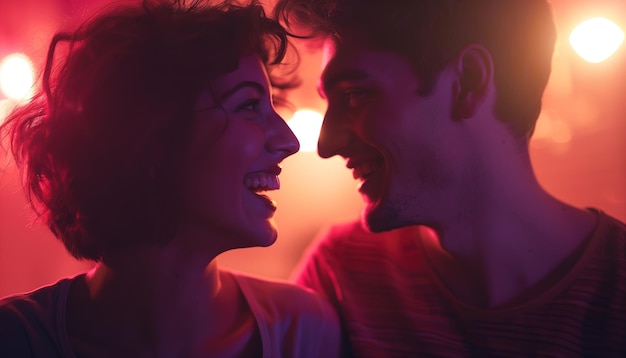 Photo young couple smiling at each other in a romantic setting