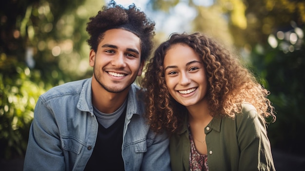 a young couple smiling and looking at the camera.