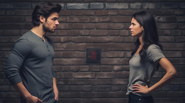 young couple standing against grunge wall in room