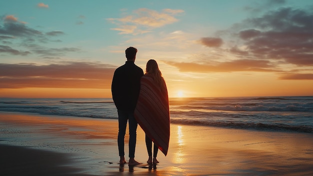 Young Couple Standing on a Beach at Sunset Capturing Romantic Moments for Perfect Memories