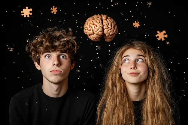 Photo young couple under starry sky with superimposed brain illustrations exploring the universe of thoug