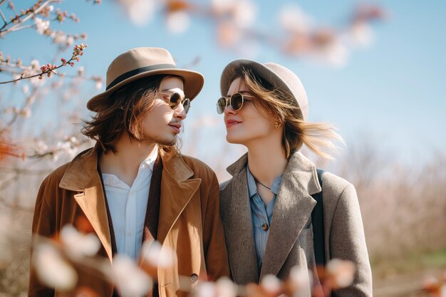 Photo young couple strolls together in springtime park enjoying leisurely walk woman and man share