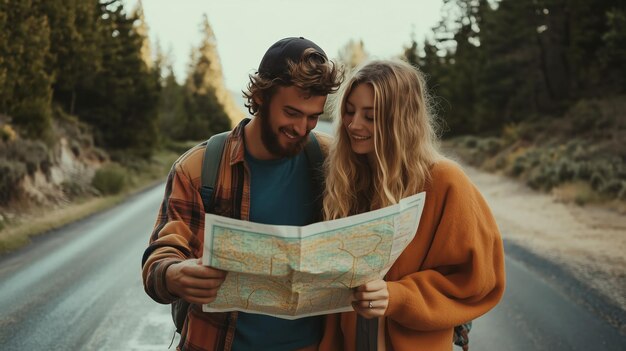 Photo young couple studying a map together on a winding road surrounded by trees during a sunny day in nature