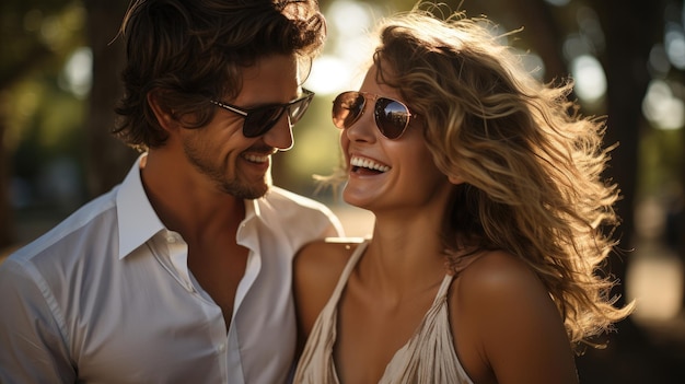 Young couple in sunglasses wearing white outfit laughing having fun