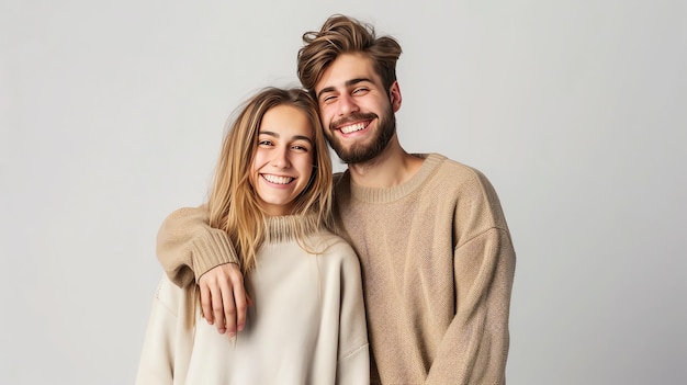 Photo a young couple in sweaters stand close and smile for the camera