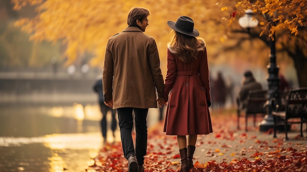 Young couple together walking in a new autumn park