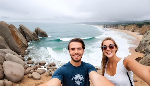 young couple tourist traveler makes selfie with beautiful rocks cliffs stones boulders and huge big surfer waves and natural panorama view on the beach