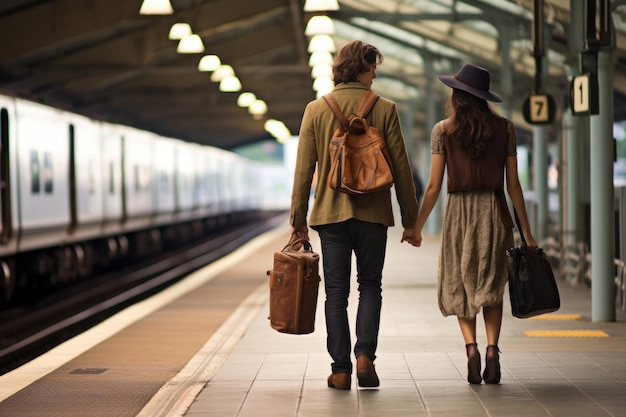 Young couple train station Holiday person Generate Ai