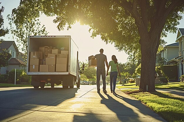 Young couple walking away from moving truck in suburb on sunny day