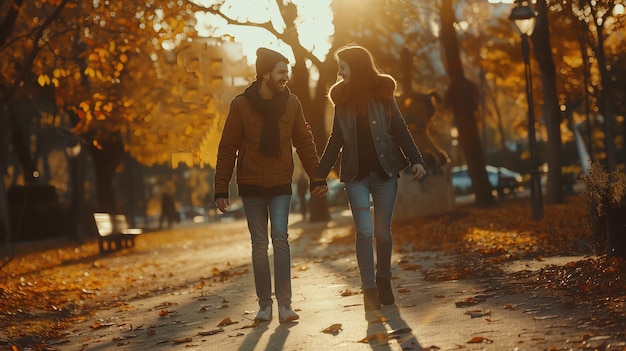 A young couple walking handinhand through an autumn park