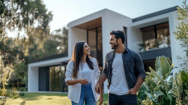 Young couple walking together in front of their new home