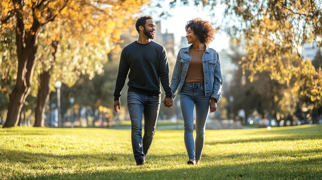 A young couple walks handinhand through a park on a sunny fall day