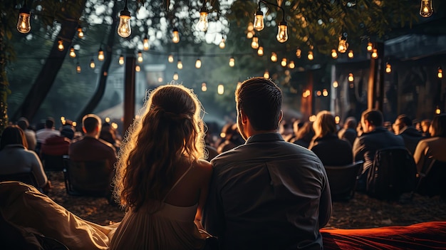 Young couple watching a movie in the park in an outdoor cinema theater