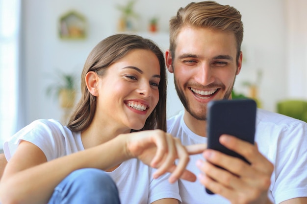 Young couple watching online content in a smart phone sitting on a sofa at home in the living room