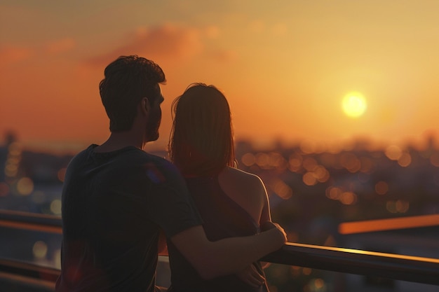 Young couple watching the sunset on a rooftop