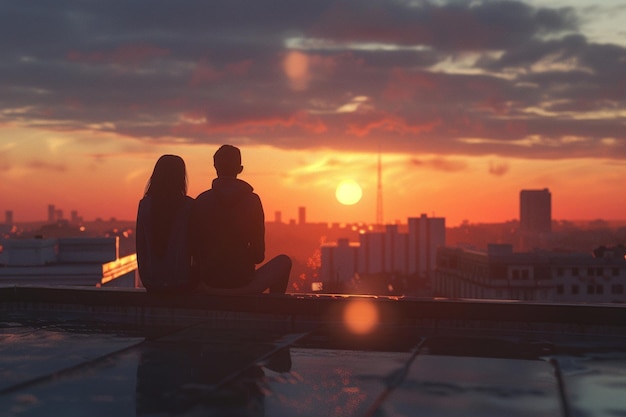 Young couple watching the sunset on a rooftop