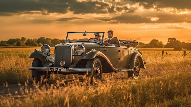 Young couple watching the sunset in a vintage car