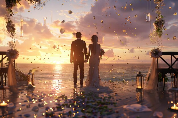 Young couple in a wedding ceremony at the beach