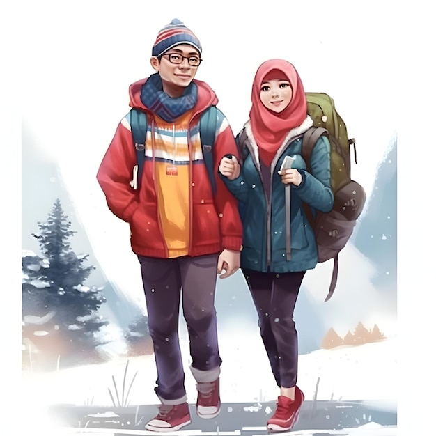 Young couple with backpacks hiking in the mountains Vector illustration