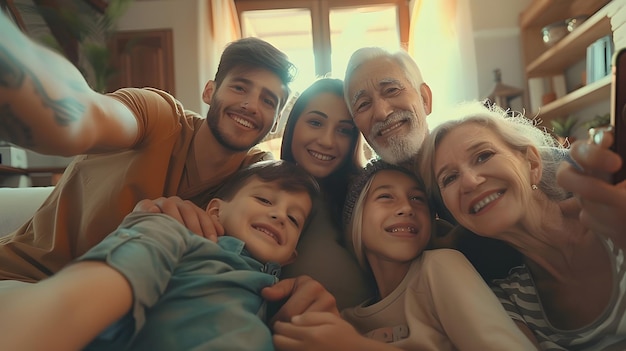 Young couple with children their son and elderly parents sitting on sofa in living r Generative AI