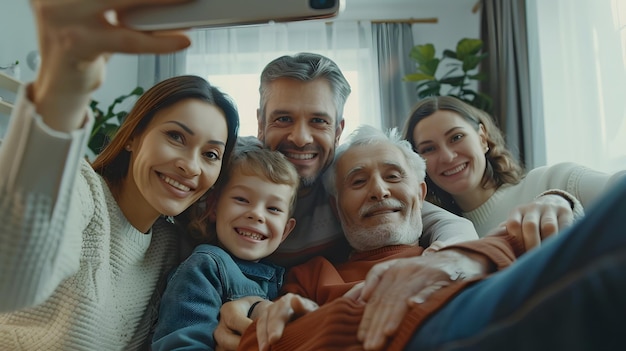 Young couple with children their son and elderly parents sitting on sofa in living r Generative AI