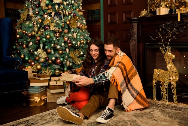 Young couple with gifts near Christmas tree