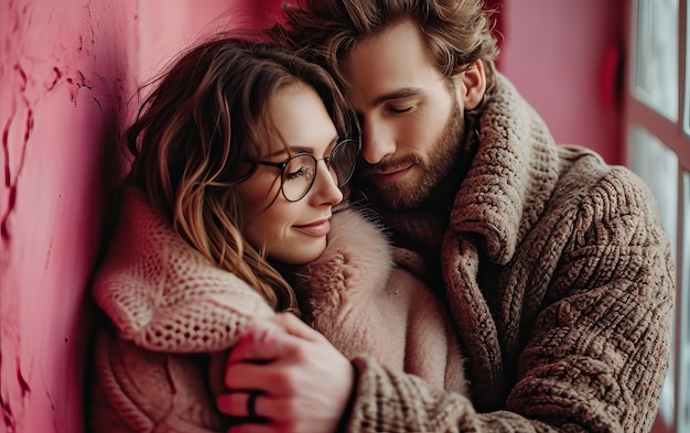 Young couple with paper heart hugging on pink background Valentines Day celebration