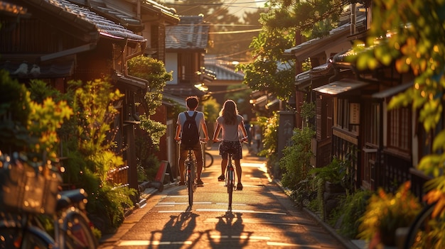 Young couples ride bicycles to tour the ancient town with the sunshine shining brightly