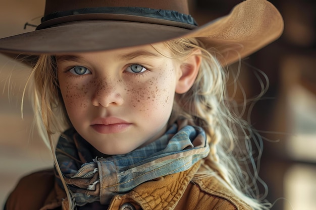 Photo young cowgirl wearing cowboy hat posing on ranch