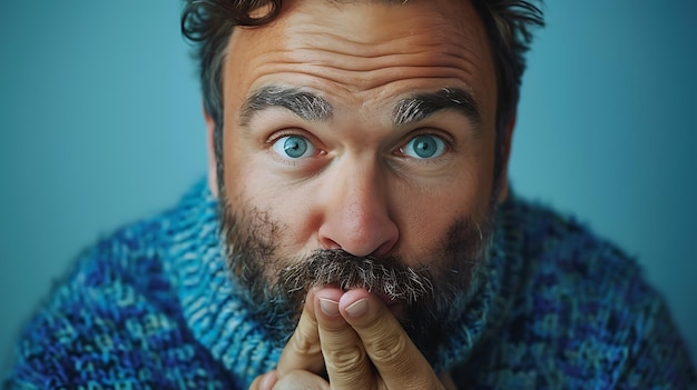 Photo young crazy man with beard and blue sweater silence expression