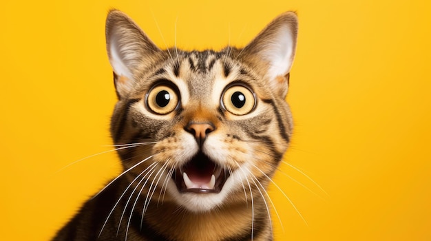 Young crazy surprised cat with big eyes on yellow background