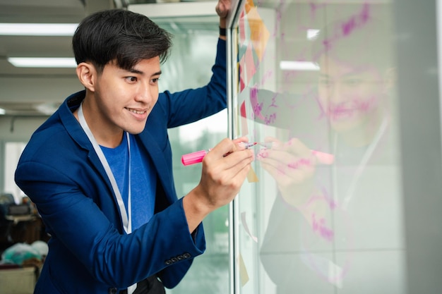 Young Creative businessman holding a marker and writing plan and share idea on glass wall