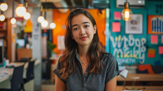 Young creative professional at a vibrant workspace Studio portrait with colorful background