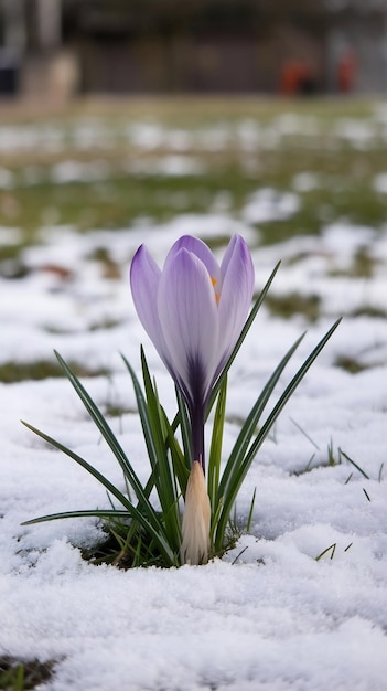 Photo young crocus flower growing in the snow at early spring day