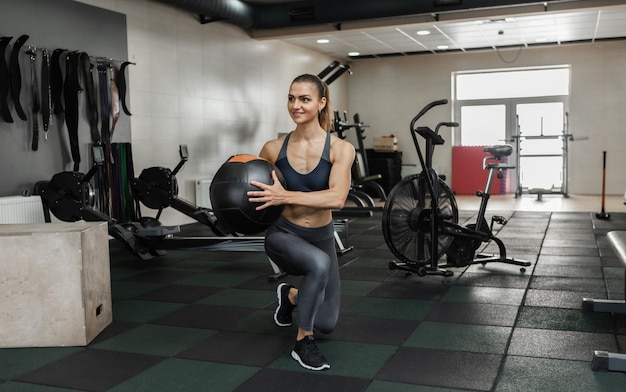 Young cross fit woman exercising with medicine ball in the modern gym. Functional training. Healthy lifestyle