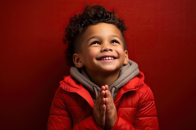 Young cute boy praying on a red background