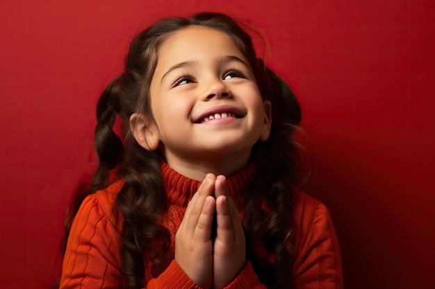 Young cute girl praying while on a red background