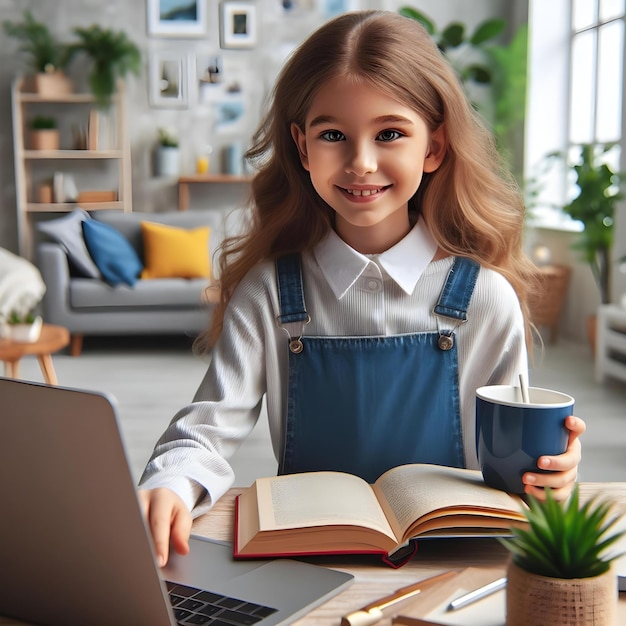 young and cute girl using a laptop and reading a book realistic image