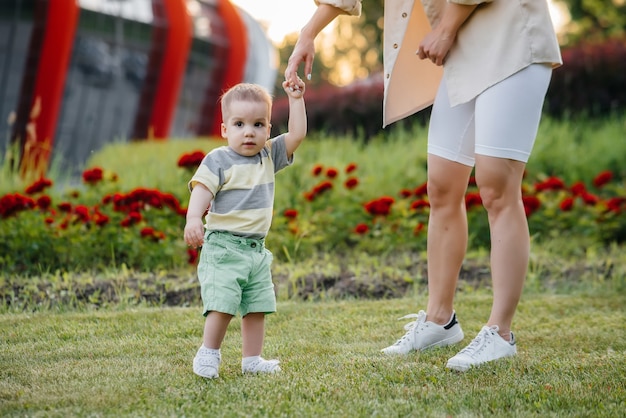 A young cute mother helps and teaches her little son to take his first steps during sunset in the park on the grass.