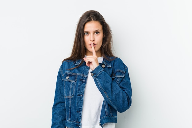 Young cute woman keeping a secret or asking for silence.