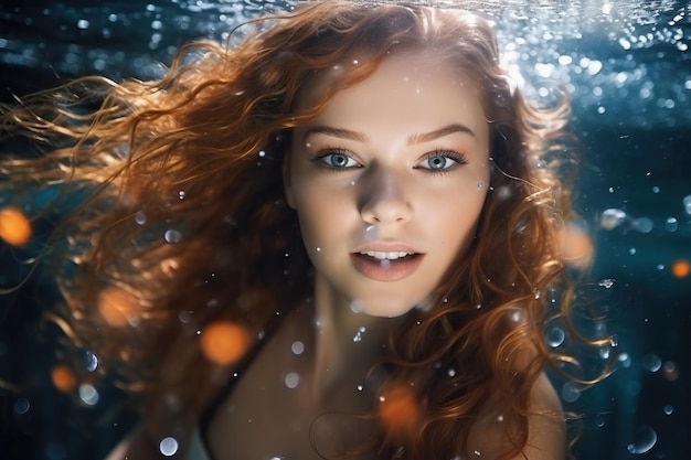 young cute woman model swimming underwater