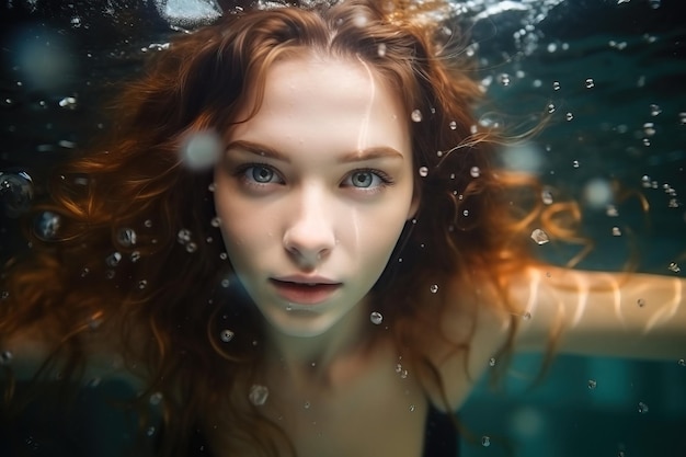 young cute woman model swimming underwater