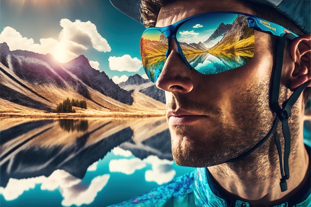 Young cyclist portrait wearing sunglasses with wondrous reflection of mountain