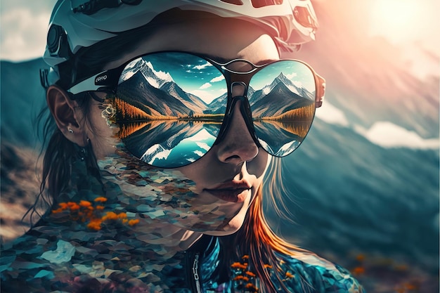 Young cyclist portrait wearing sunglasses with wondrous reflection of mountain