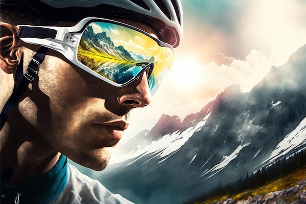 Young cyclist portrait wearing sunglasses with wondrous reflection of mountain