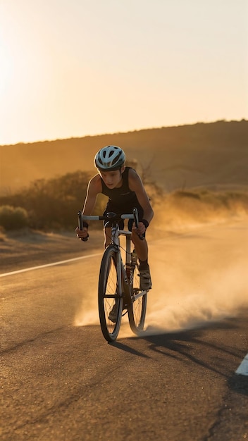 Young cyclist riding a bike on an open road at sunset