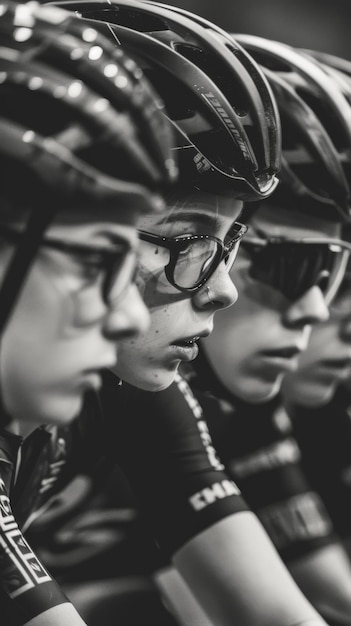 Photo young cyclists preparing for a challenging race in monochrome at dawn