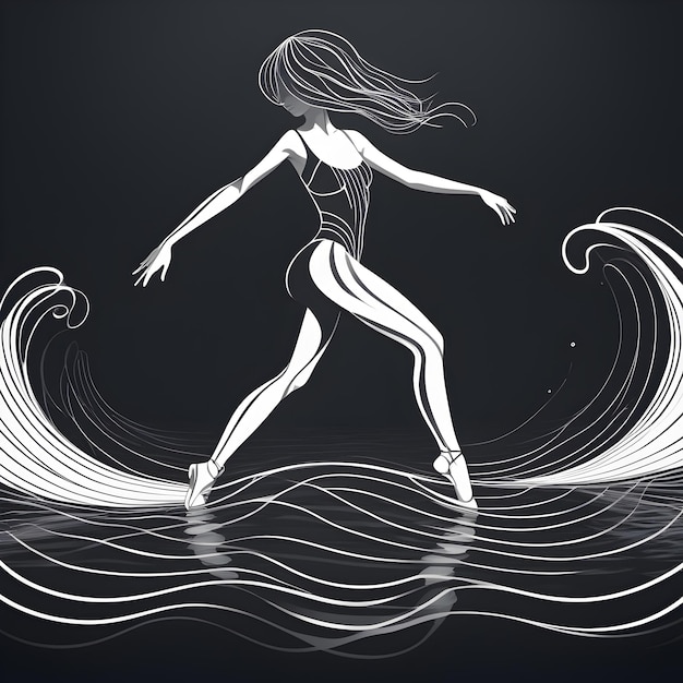 Young dancer girl dancing along the sea water wave form vector line style ai generative